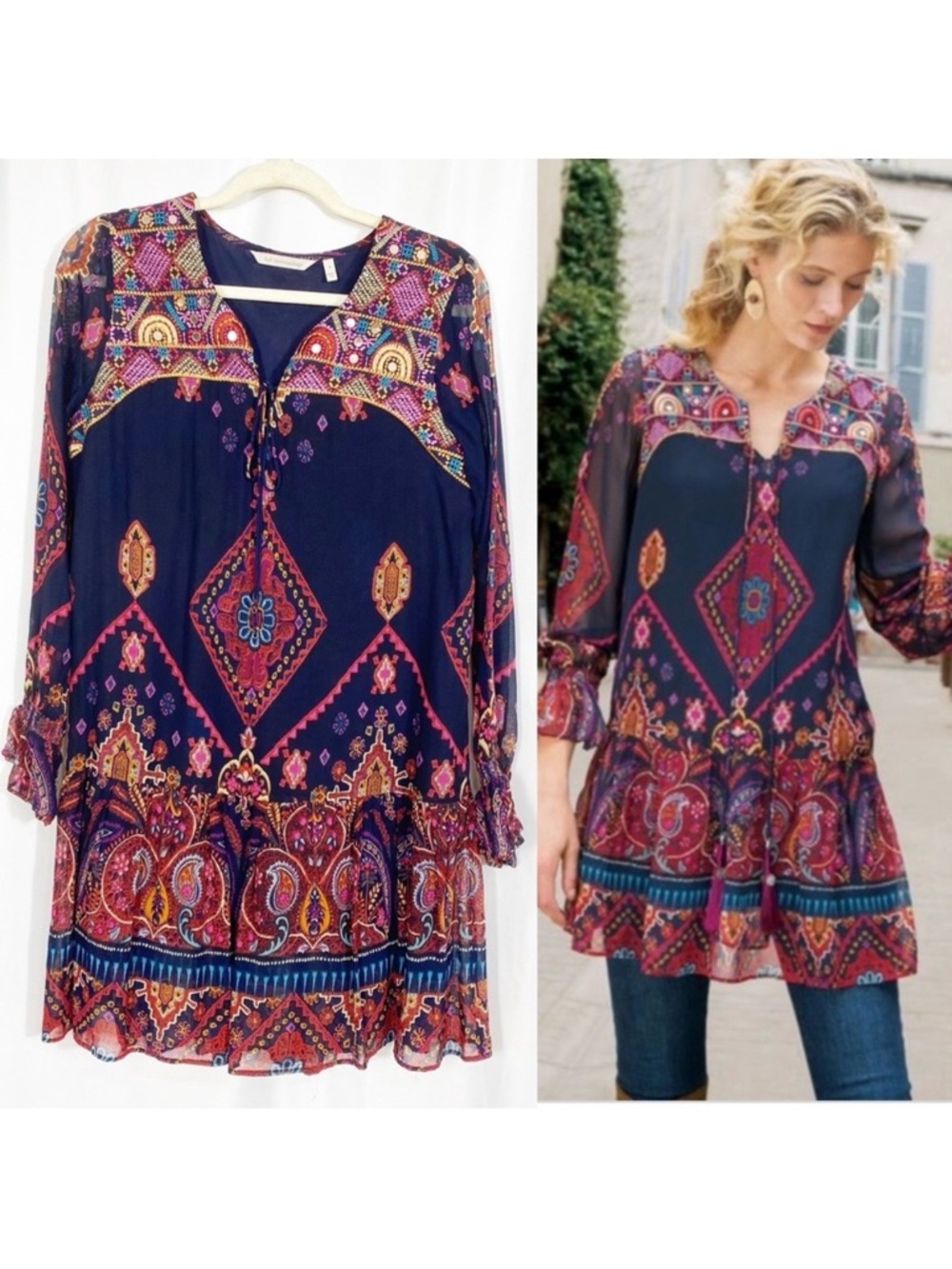 Soft Surroundings Iskra Paisley Floral Embroidered Bohemian Tunic: Navy Blue